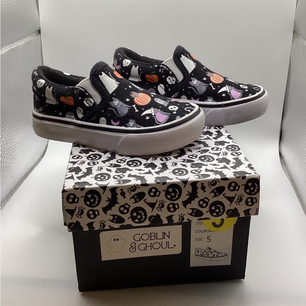 Kids Halloween Slip-On Shoes - Black Pumpkins, Witches, Ghosts, Cats